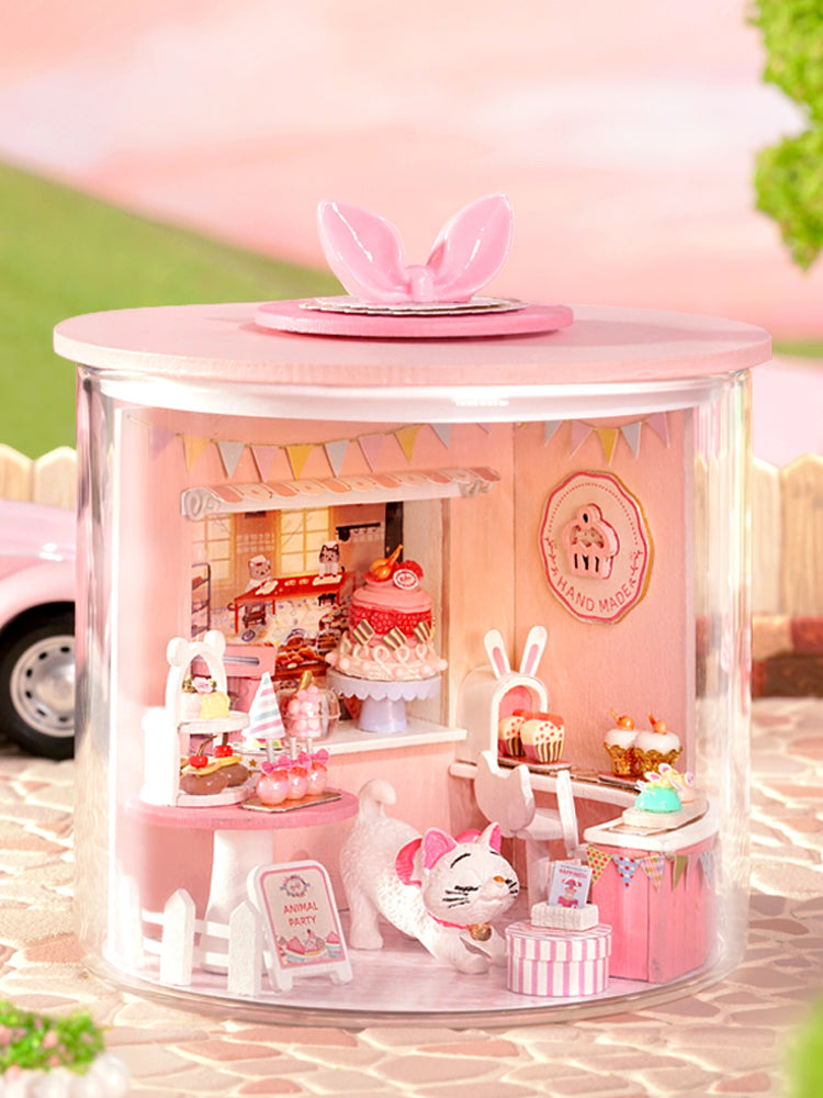 TJWFUNFUN Kitty Cake Shop – DIY Dream Bottle Miniature Kit | Sweet Bakery Scene with Cat Figurine & LED Light | Handcrafted Glass Jar Model for Dessert Lovers