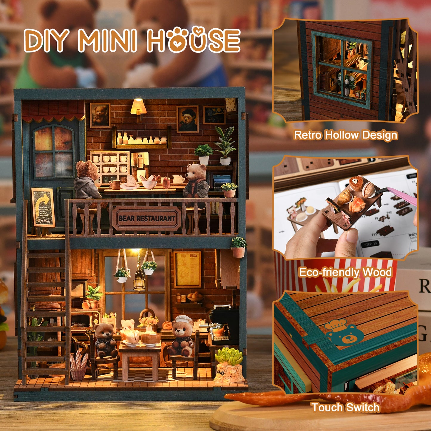 Tiny Havens Collection – DIY Mini House “Bear Restaurant” | 264 PCS Wooden Dollhouse Kit with LED Touch Light | Difficulty:★★★ | Age 14+