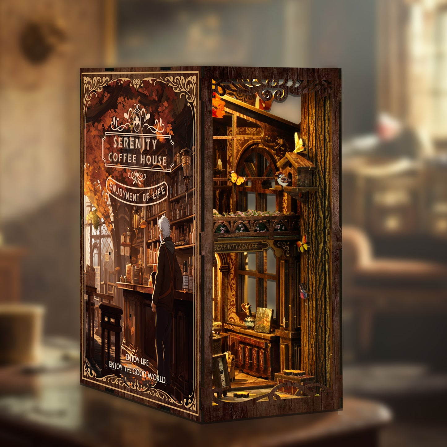TJWFUNFUN DIY Book Nook Kit – Dark Box Mystery Case Serenity Coffee House | Difficulty: ★★★★★ | 289 Pieces | 6–8 Hours Assembly | 3D Wooden Puzzle Miniature Model with LED Lights & Touch Switch for Bookshelf Decoration