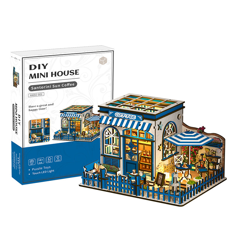 TJWFUNFUN DIY Miniature House – Santorini Sun Coffee Shop Kit, 317 PCS, Difficulty: ★★★, LED Light, Mediterranean Café Model Creative Craft for Teens & Adults