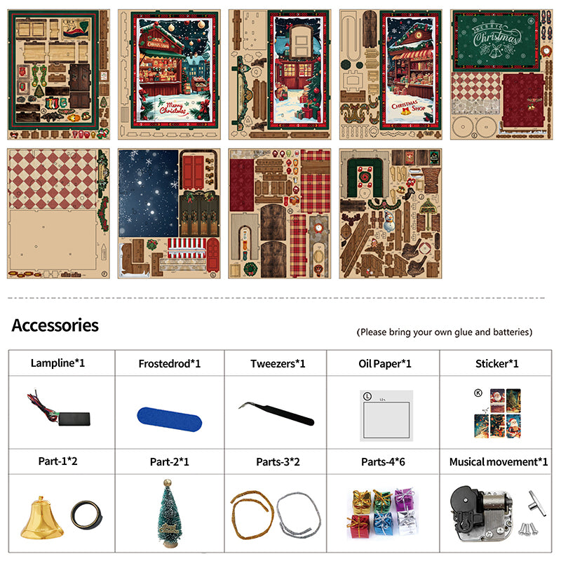TJWFUNFUN DIY Miniature House β Christmas Shop Book Nook Kit, 264 PCS, Difficulty: β
β
β
β
, Touch Light & Musical Movement, Creative Holiday Craft for Teens & Adults