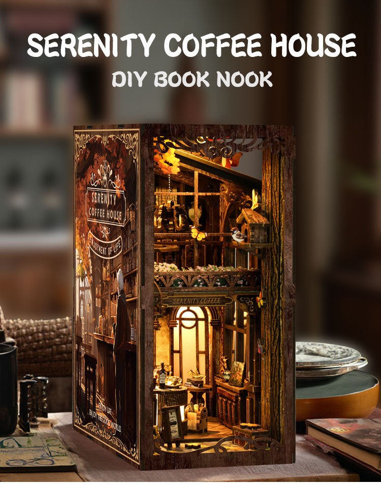 TJWFUNFUN DIY Book Nook Kit – Dark Box Mystery Case Serenity Coffee House | Difficulty: ★★★★★ | 289 Pieces | 6–8 Hours Assembly | 3D Wooden Puzzle Miniature Model with LED Lights & Touch Switch for Bookshelf Decoration