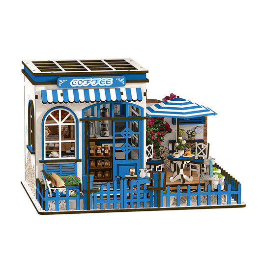 TJWFUNFUN DIY Miniature House – Santorini Sun Coffee Shop Kit, 317 PCS, Difficulty: ★★★, LED Light, Mediterranean Café Model Creative Craft for Teens & Adults
