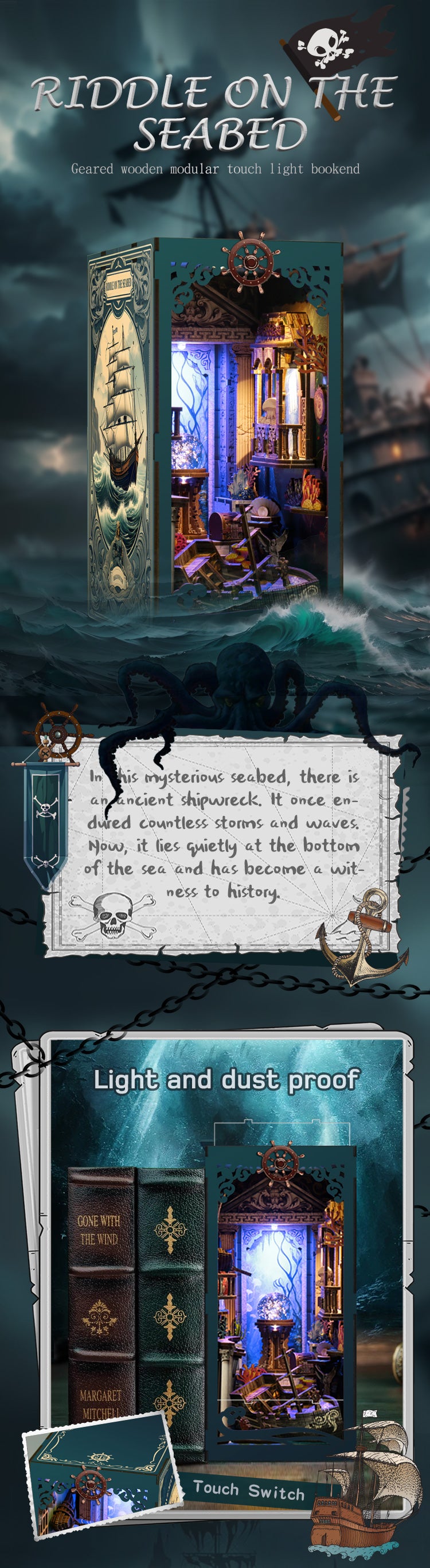 TJWFUNFUN DIY Book Nook Kit – Dark Box Mystery Case Riddle on the Seabed | Difficulty: ★★★☆ | 216 Pieces | 6–8 Hours Assembly | 3D Wooden Puzzle Miniature with LED Lights for Bookshelf Decoration