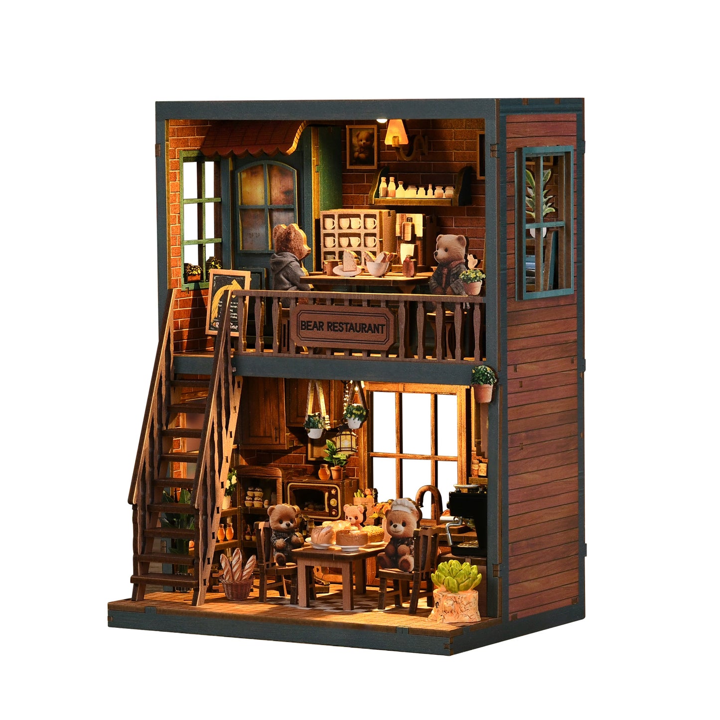 Tiny Havens Collection – DIY Mini House “Bear Restaurant” | 264 PCS Wooden Dollhouse Kit with LED Touch Light | Difficulty:★★★ | Age 14+