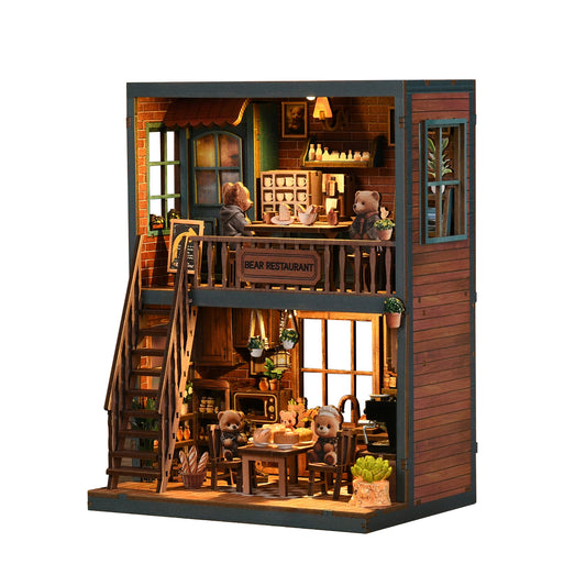 Tiny Havens Collection – DIY Mini House “Bear Restaurant” | 264 PCS Wooden Dollhouse Kit with LED Touch Light | Difficulty:★★★ | Age 14+