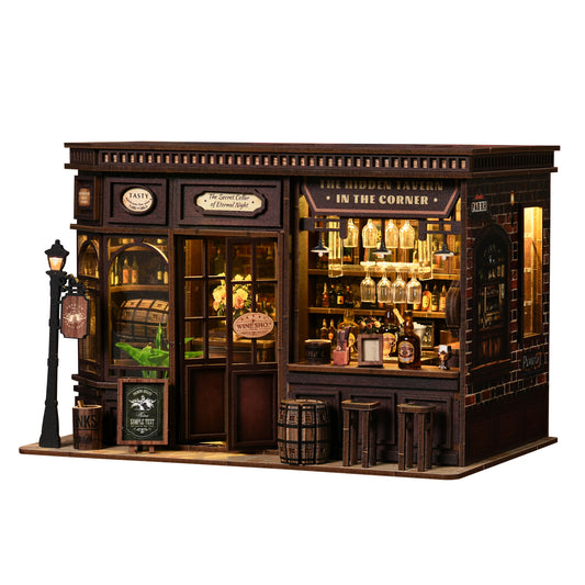 TJWFUNFUN DIY Miniature House – Corner Tavern Book Nook Kit, 327 PCS, difficulty: ★★★, LED Ambient Night Light, Creative Craft for Teens & Adults