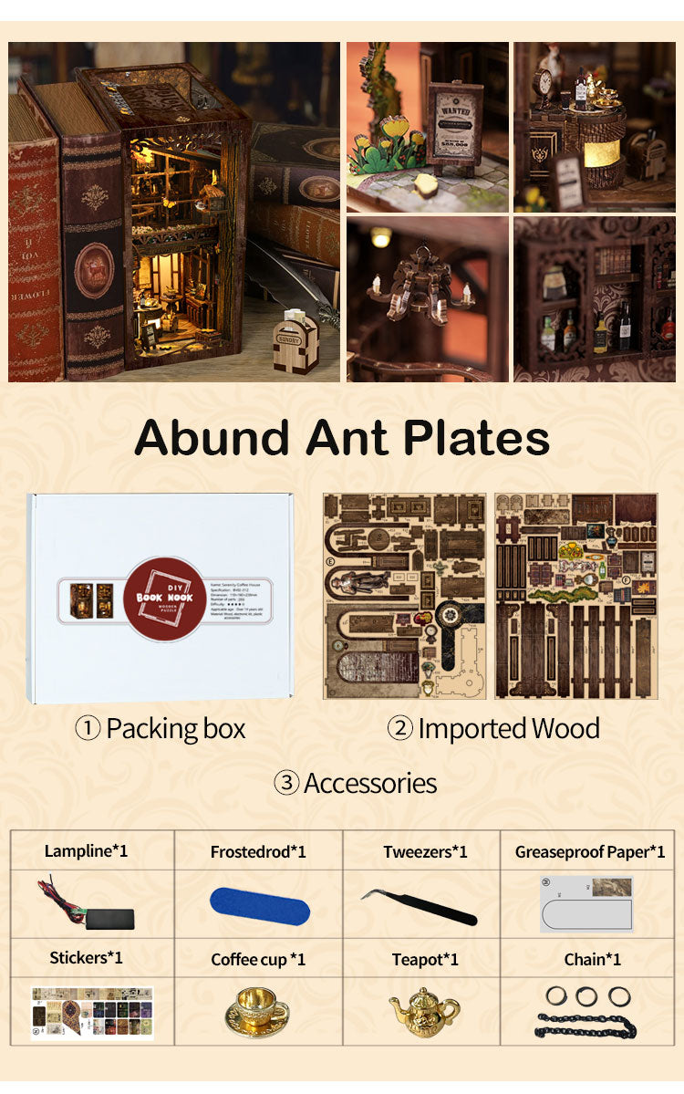TJWFUNFUN DIY Book Nook Kit – Dark Box Mystery Case Serenity Coffee House | Difficulty: ★★★★★ | 289 Pieces | 6–8 Hours Assembly | 3D Wooden Puzzle Miniature Model with LED Lights & Touch Switch for Bookshelf Decoration
