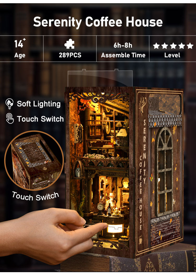 TJWFUNFUN DIY Book Nook Kit – Dark Box Mystery Case Serenity Coffee House | Difficulty: ★★★★★ | 289 Pieces | 6–8 Hours Assembly | 3D Wooden Puzzle Miniature Model with LED Lights & Touch Switch for Bookshelf Decoration