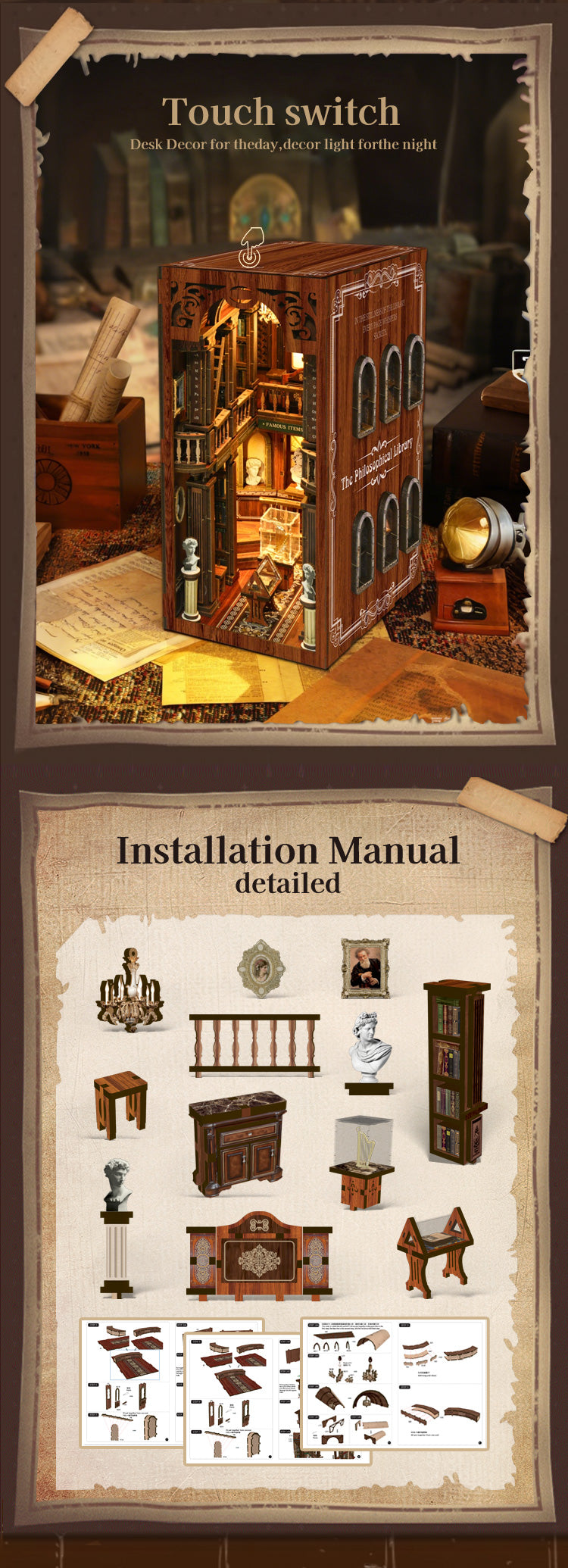 TJWFUNFUN The Philosophical Library DIY Book Nook Kit, 430PCS Wooden Miniature Bookshelf Diorama with LED Lights – Difficulty ★★★