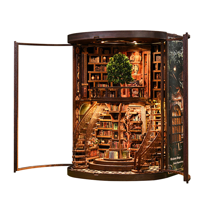 TJWFUNFUN DIY Miniature House – Wisdom Rings Book Repository, 356 PCS, Difficulty: ★★★★, LED Light, Rotating Library Craft for Teens & Adults