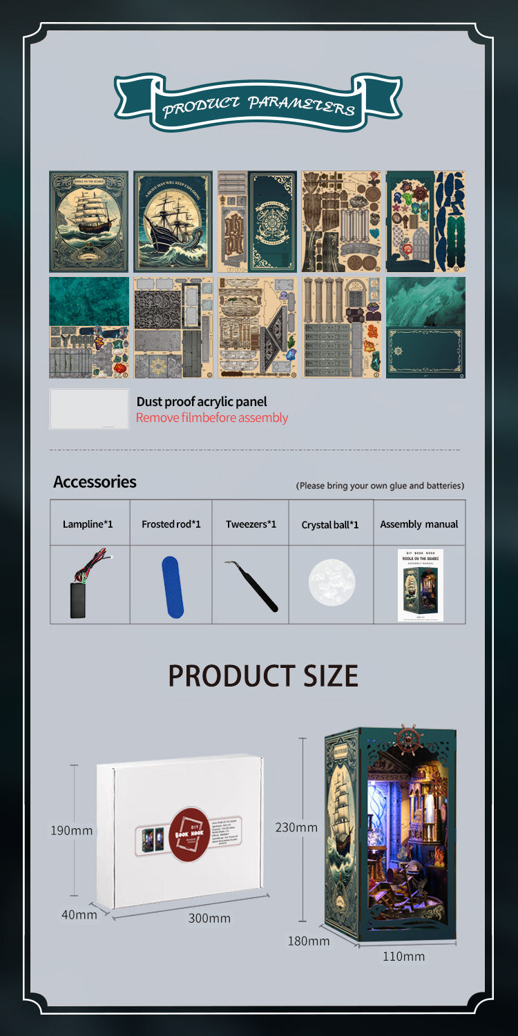 TJWFUNFUN DIY Book Nook Kit – Dark Box Mystery Case Riddle on the Seabed | Difficulty: ★★★☆ | 216 Pieces | 6–8 Hours Assembly | 3D Wooden Puzzle Miniature with LED Lights for Bookshelf Decoration