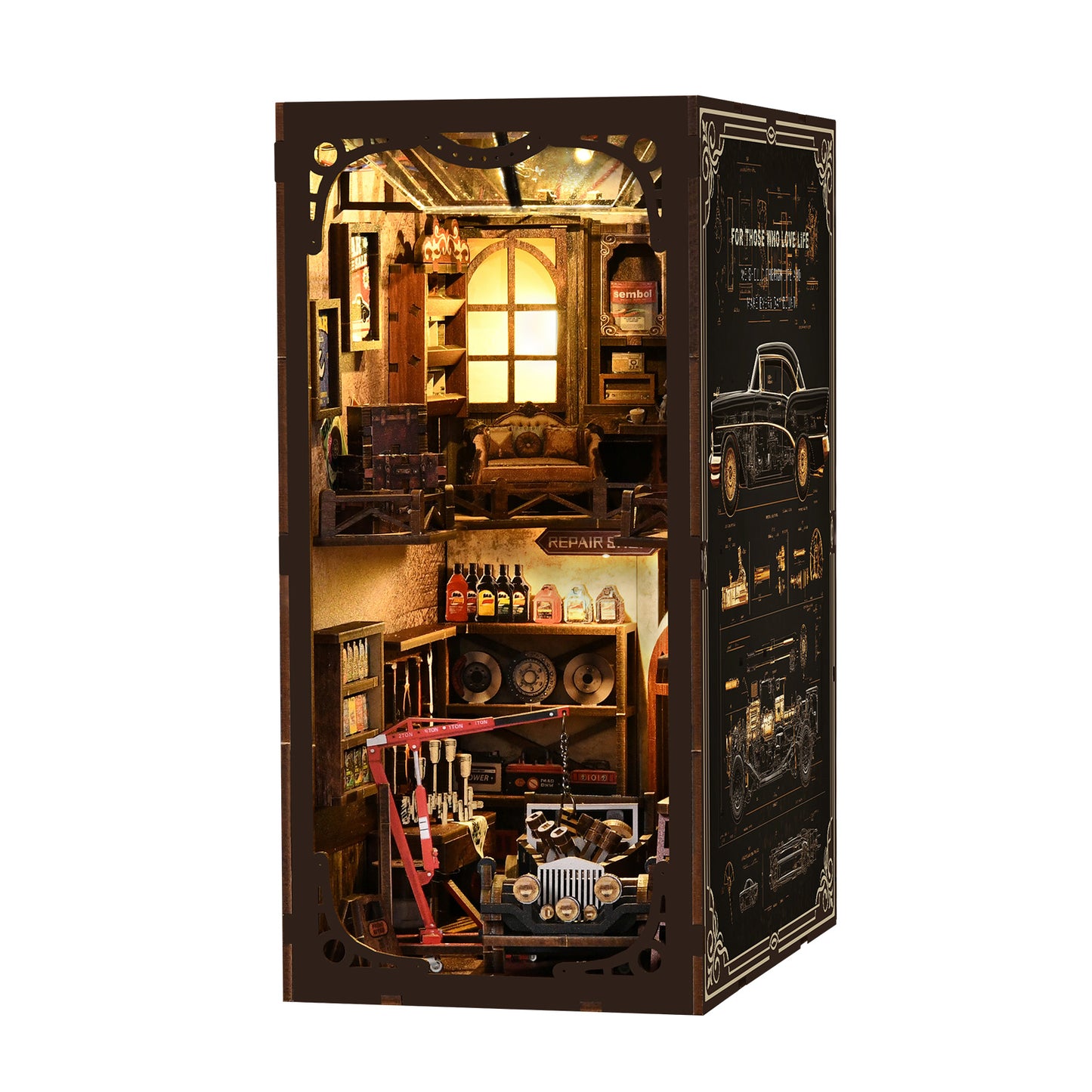 TJWFUNFUN DIY Book Nook Kit – Dark Box Mystery Case Craftsmanship Repair Shop | Difficulty: ★★★★ | 374 Pieces | 4–6 Hours Assembly | Wooden Miniature Model with LED Ambient Light & Dust Cover