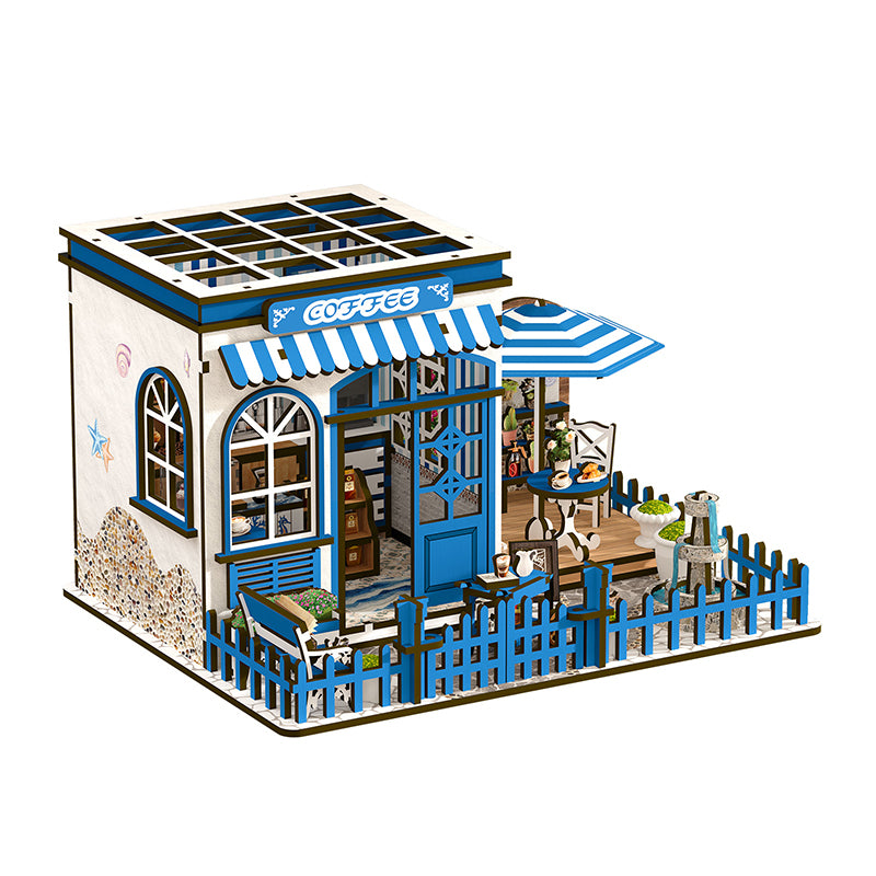 TJWFUNFUN DIY Miniature House – Santorini Sun Coffee Shop Kit, 317 PCS, Difficulty: ★★★, LED Light, Mediterranean Café Model Creative Craft for Teens & Adults