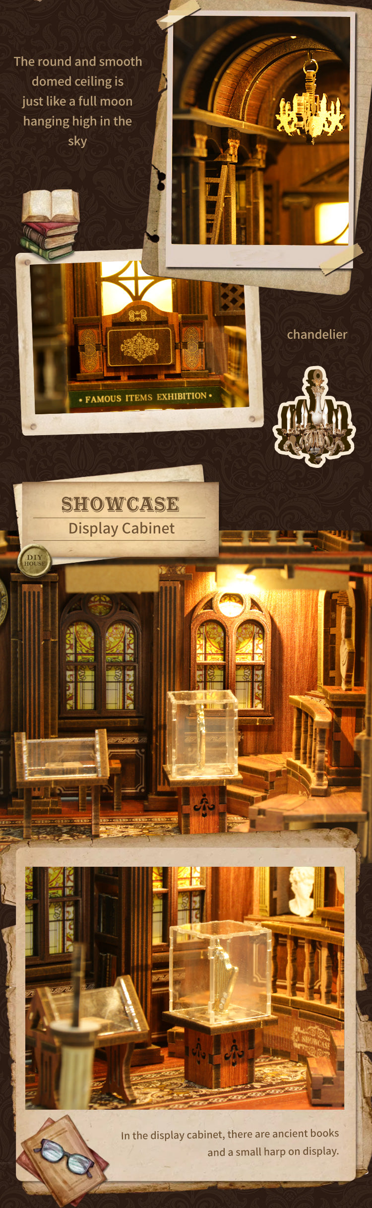 TJWFUNFUN The Philosophical Library DIY Book Nook Kit, 430PCS Wooden Miniature Bookshelf Diorama with LED Lights – Difficulty ★★★