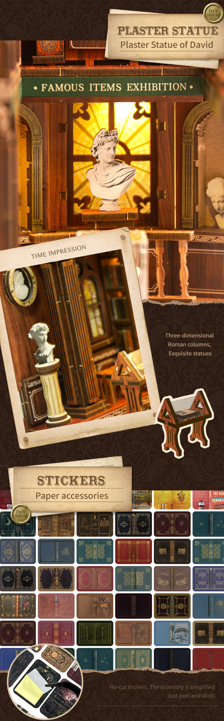 TJWFUNFUN The Philosophical Library DIY Book Nook Kit, 430PCS Wooden Miniature Bookshelf Diorama with LED Lights – Difficulty ★★★