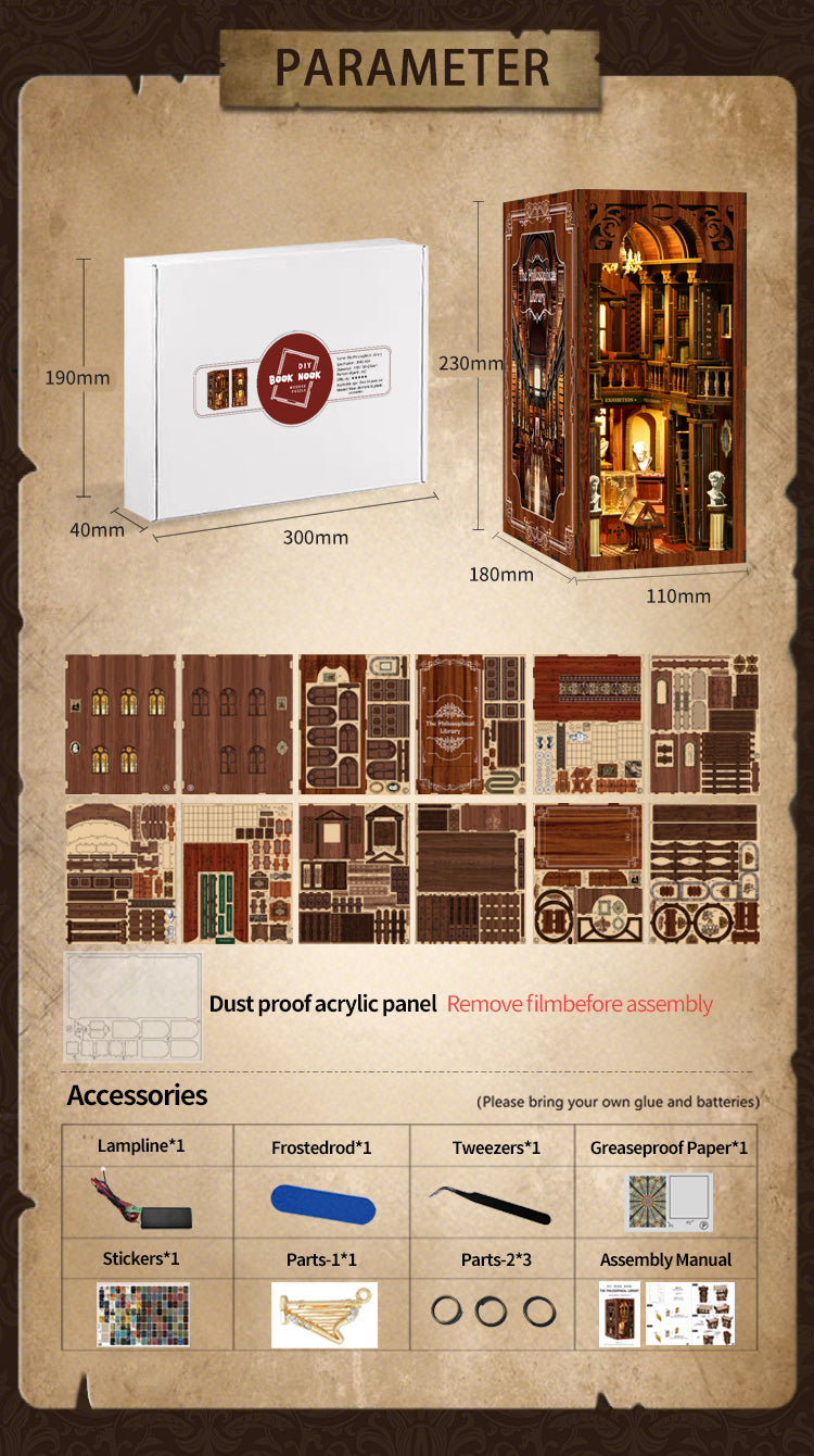 TJWFUNFUN The Philosophical Library DIY Book Nook Kit, 430PCS Wooden Miniature Bookshelf Diorama with LED Lights – Difficulty ★★★