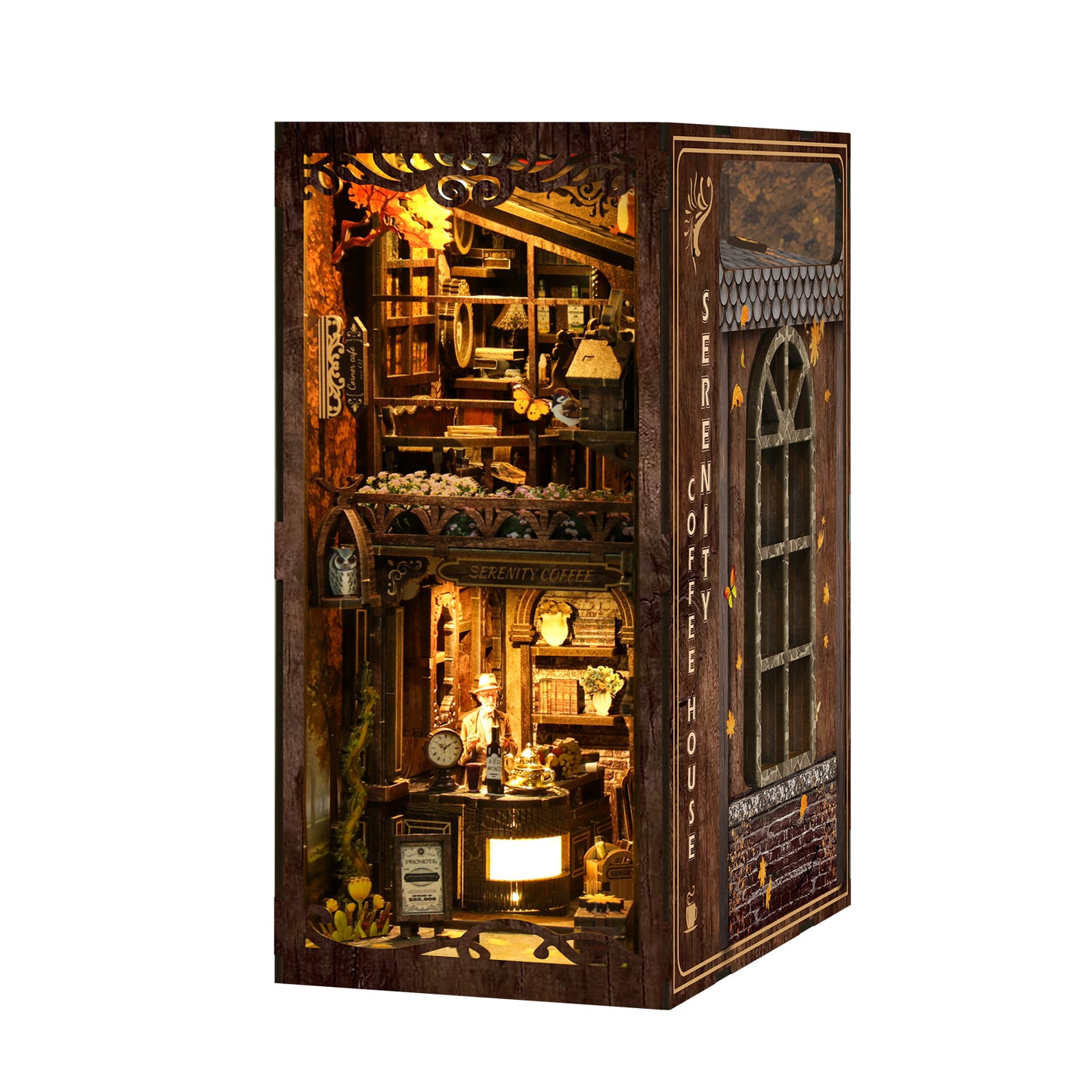TJWFUNFUN DIY Book Nook Kit – Dark Box Mystery Case Serenity Coffee House | Difficulty: ★★★★★ | 289 Pieces | 6–8 Hours Assembly | 3D Wooden Puzzle Miniature Model with LED Lights & Touch Switch for Bookshelf Decoration