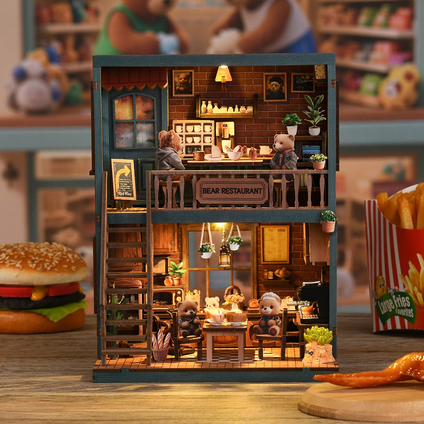 Tiny Havens Collection – DIY Mini House “Bear Restaurant” | 264 PCS Wooden Dollhouse Kit with LED Touch Light | Difficulty:★★★ | Age 14+