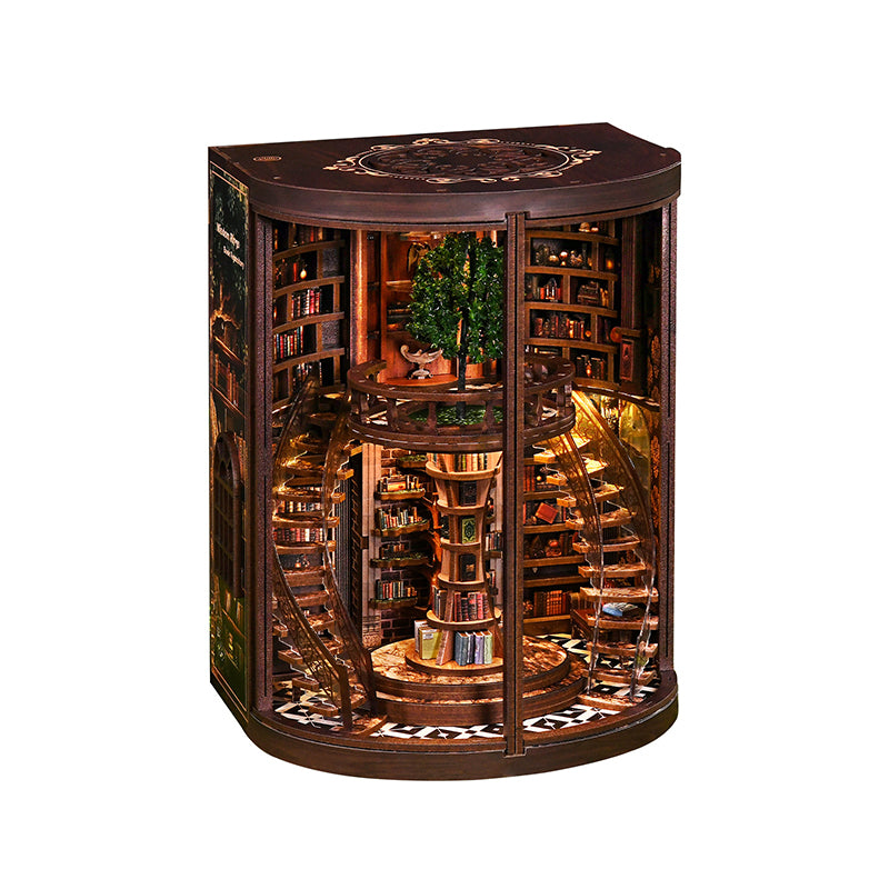 TJWFUNFUN DIY Miniature House – Wisdom Rings Book Repository, 356 PCS, Difficulty: ★★★★, LED Light, Rotating Library Craft for Teens & Adults