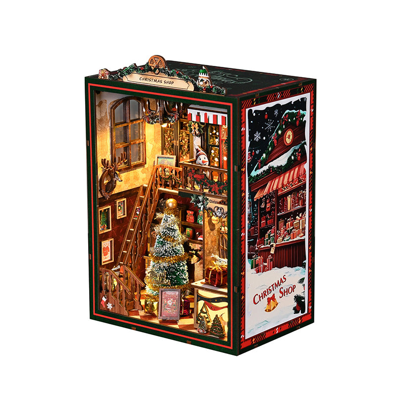 TJWFUNFUN DIY Miniature House – Christmas Shop Book Nook Kit, 264 PCS, Difficulty: ★★★★, Touch Light & Musical Movement, Creative Holiday Craft for Teens & Adults