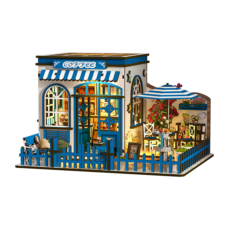 TJWFUNFUN DIY Miniature House – Santorini Sun Coffee Shop Kit, 317 PCS, Difficulty: ★★★, LED Light, Mediterranean Café Model Creative Craft for Teens & Adults