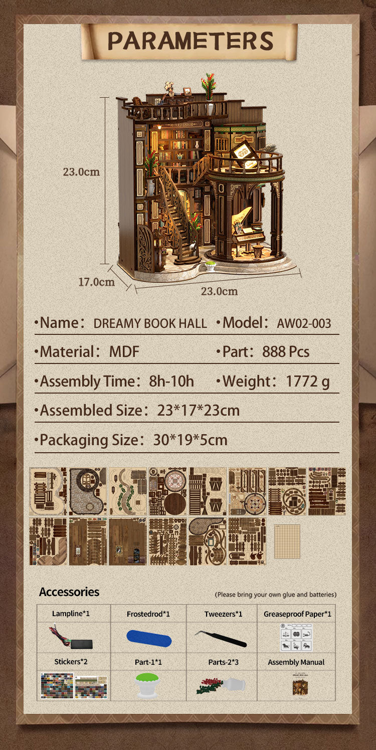 TJWFUNFUN Tiny Havens Collection – Dreamy Book Hall DIY Mini House with LED Light, 888 PCS, Difficulty ★★★★★