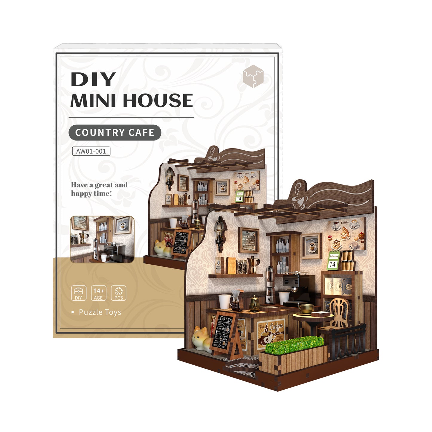TJWFUNFUN DIY Miniature House – Country Café Book Nook, 70 PCS Assembly Kit ★ Difficulty, Wooden Coffee Shop Model for Adults & Kids