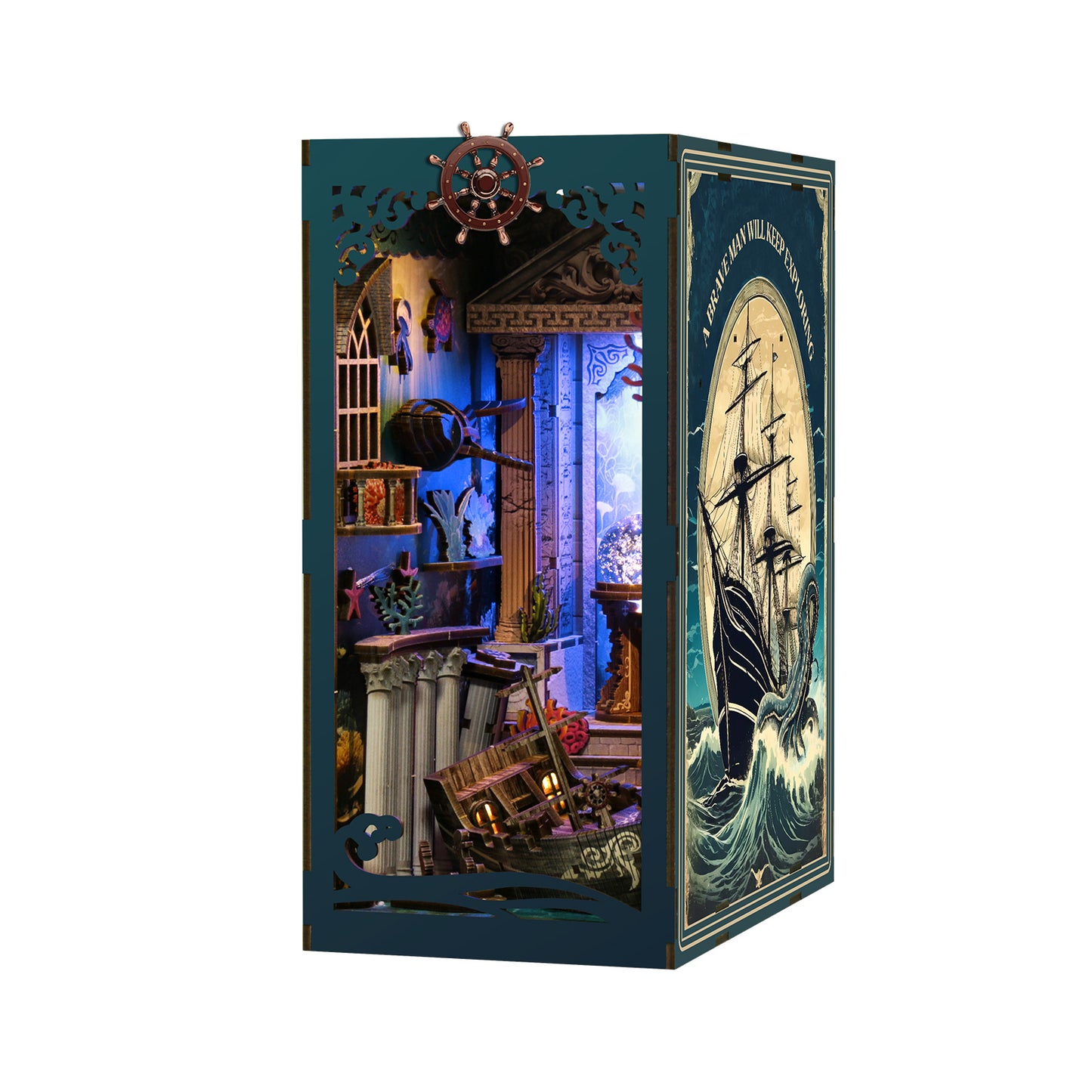 TJWFUNFUN DIY Book Nook Kit – Dark Box Mystery Case Riddle on the Seabed | Difficulty: ★★★☆ | 216 Pieces | 6–8 Hours Assembly | 3D Wooden Puzzle Miniature with LED Lights for Bookshelf Decoration