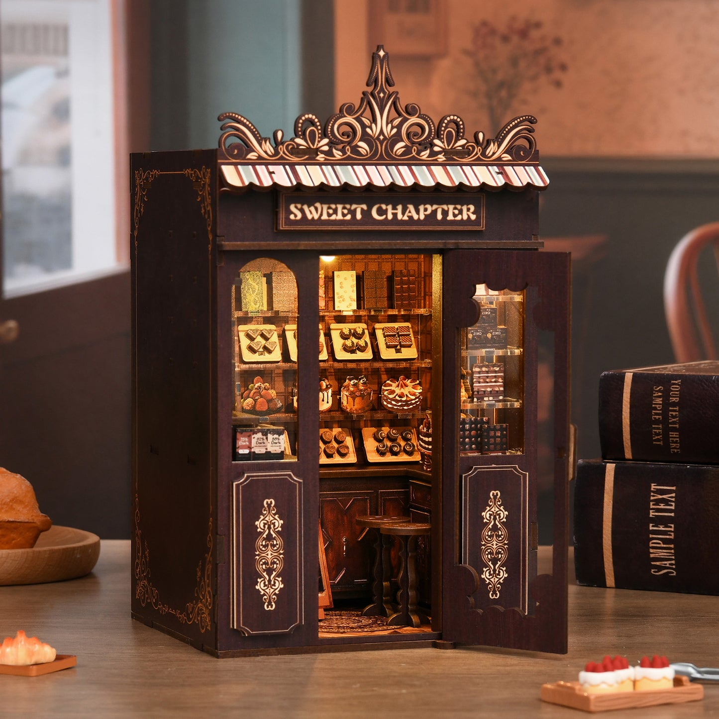 TJWFUNFUN DIY Miniature House – Sweet Chapter Book Nook Kit, 189 PCS, difficulty: ★★★, Dessert & Coffee Shop Scene with LED Light, Creative Craft for Teens & Adults