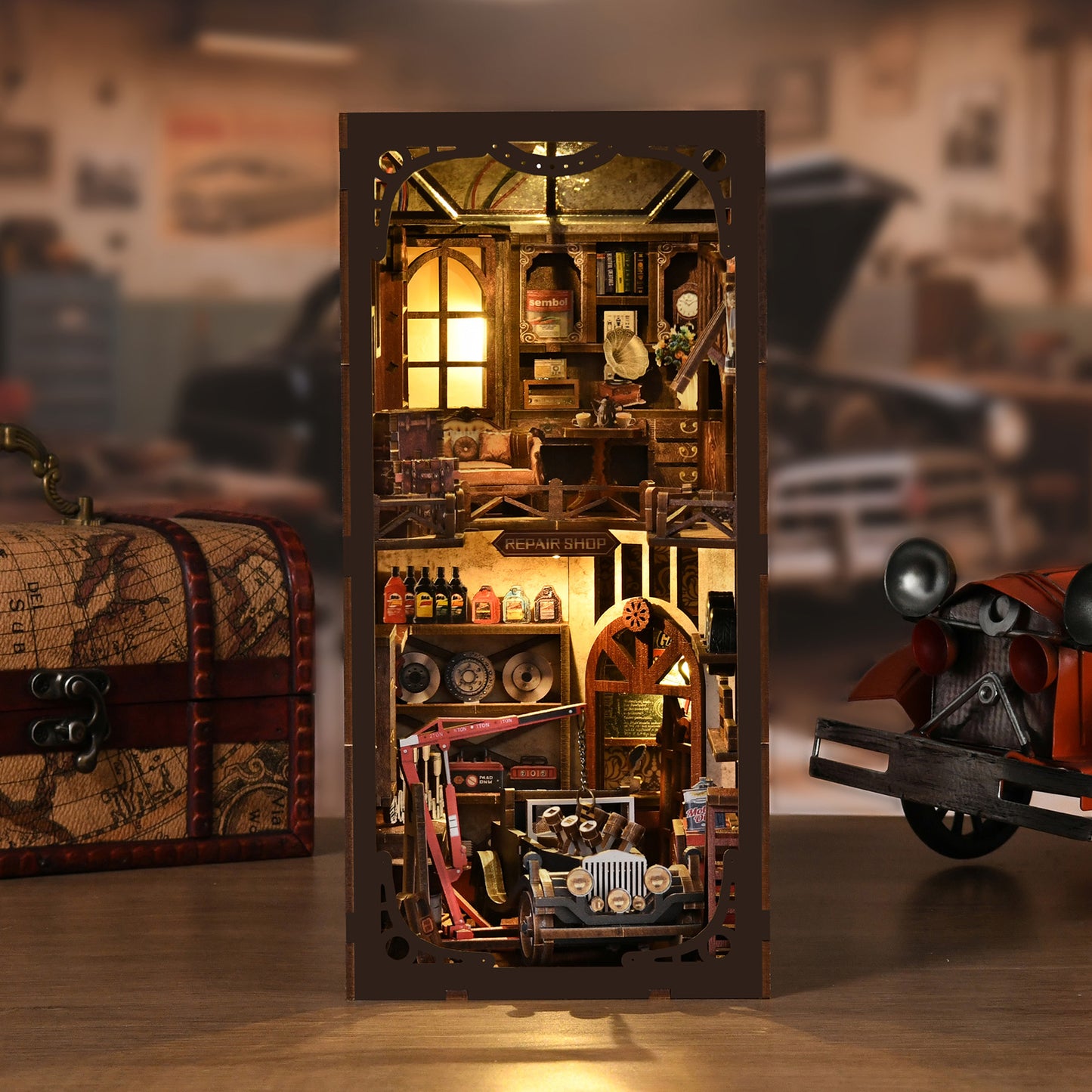 TJWFUNFUN DIY Book Nook Kit – Dark Box Mystery Case Craftsmanship Repair Shop | Difficulty: ★★★★ | 374 Pieces | 4–6 Hours Assembly | Wooden Miniature Model with LED Ambient Light & Dust Cover