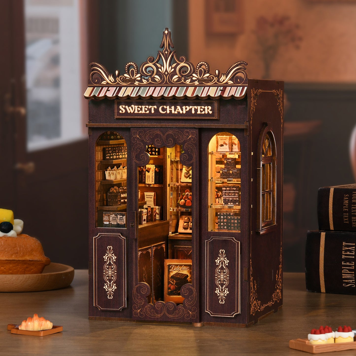 TJWFUNFUN DIY Miniature House – Sweet Chapter Book Nook Kit, 189 PCS, difficulty: ★★★, Dessert & Coffee Shop Scene with LED Light, Creative Craft for Teens & Adults