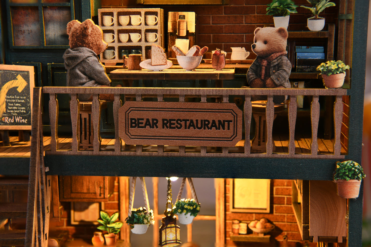 Tiny Havens Collection – DIY Mini House “Bear Restaurant” | 264 PCS Wooden Dollhouse Kit with LED Touch Light | Difficulty:★★★ | Age 14+
