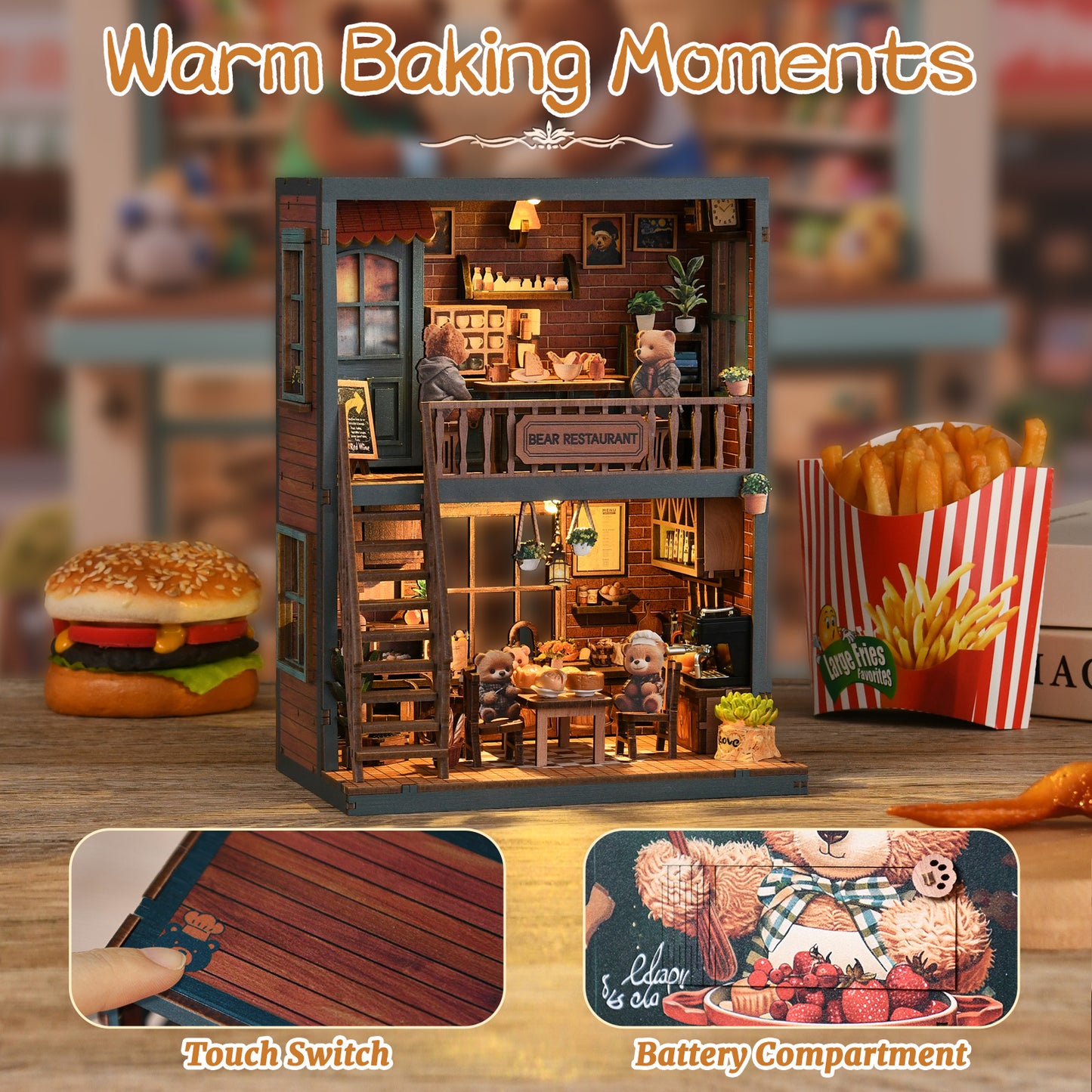 Tiny Havens Collection – DIY Mini House “Bear Restaurant” | 264 PCS Wooden Dollhouse Kit with LED Touch Light | Difficulty:★★★ | Age 14+