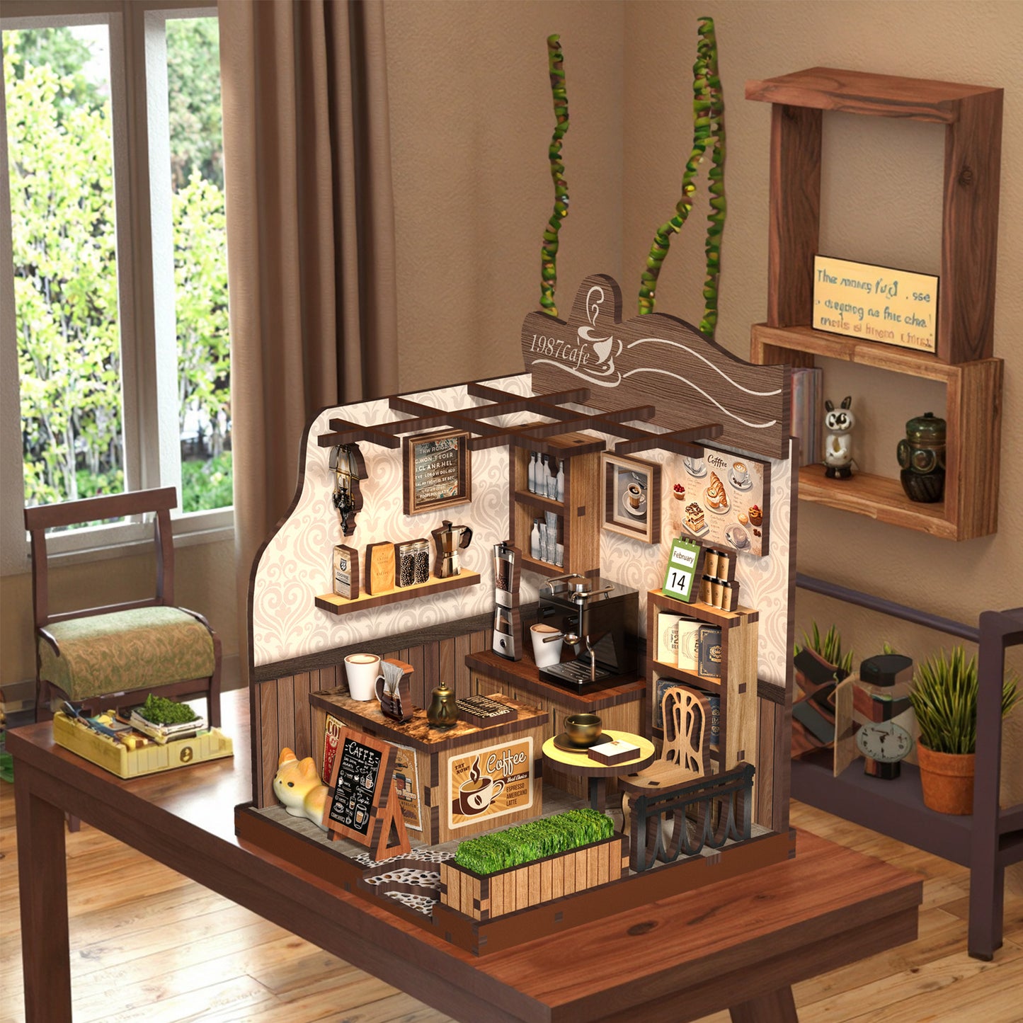 TJWFUNFUN DIY Miniature House – Country Café Book Nook, 70 PCS Assembly Kit ★ Difficulty, Wooden Coffee Shop Model for Adults & Kids