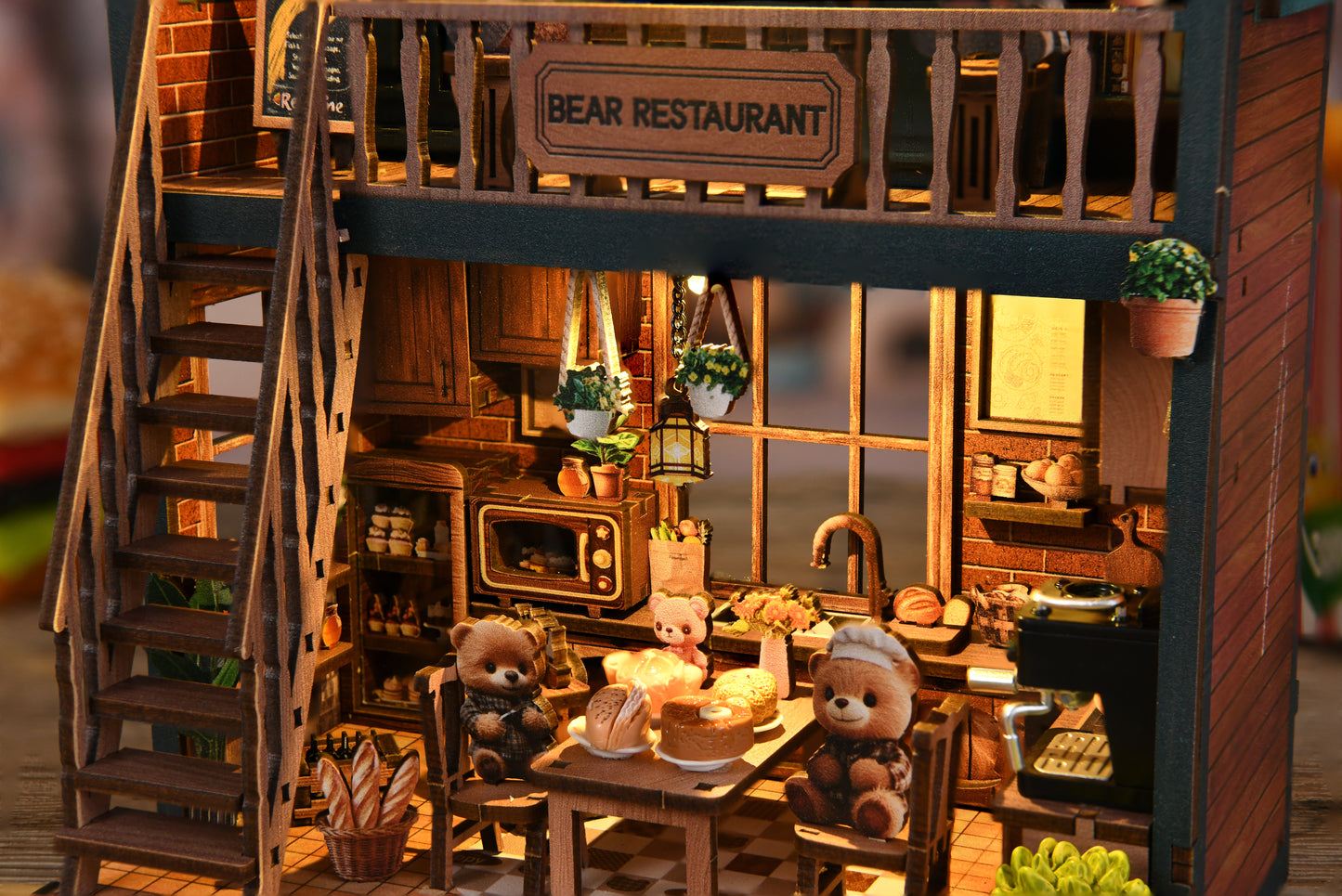Tiny Havens Collection – DIY Mini House “Bear Restaurant” | 264 PCS Wooden Dollhouse Kit with LED Touch Light | Difficulty:★★★ | Age 14+