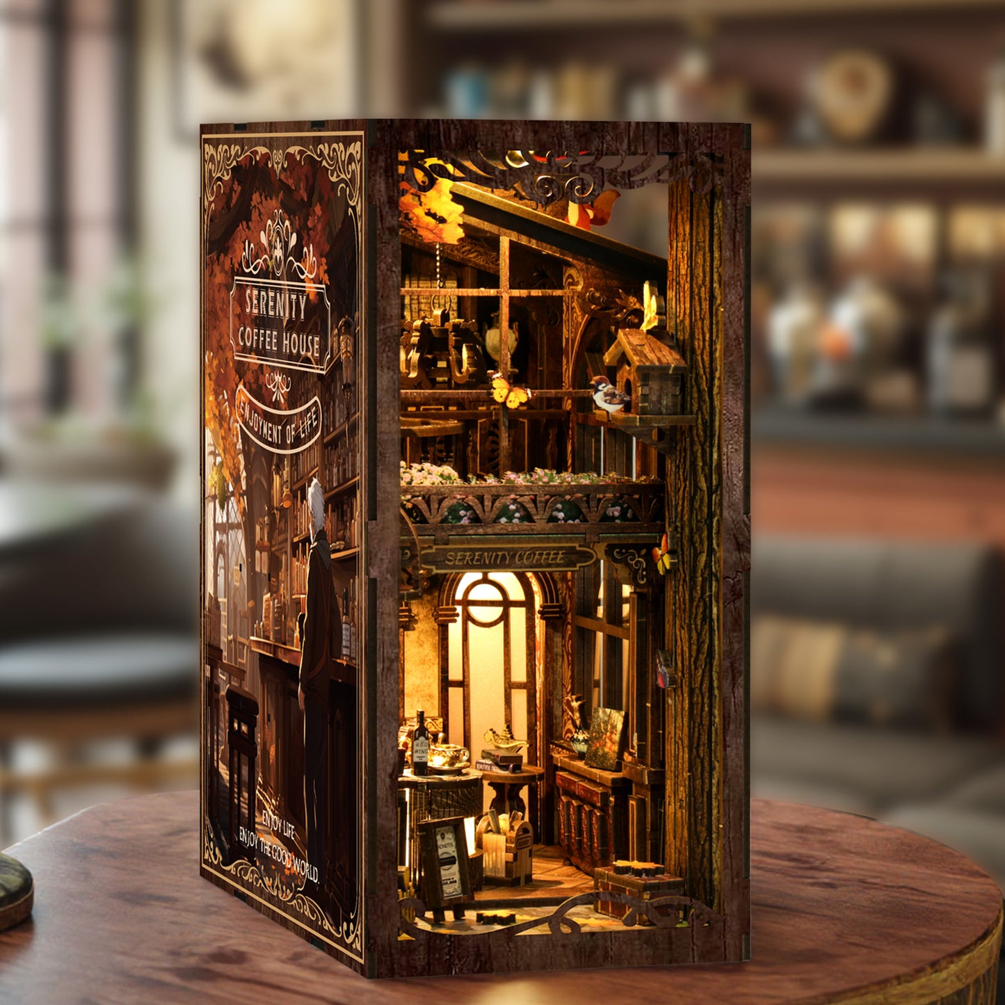 TJWFUNFUN DIY Book Nook Kit – Dark Box Mystery Case Serenity Coffee House | Difficulty: ★★★★★ | 289 Pieces | 6–8 Hours Assembly | 3D Wooden Puzzle Miniature Model with LED Lights & Touch Switch for Bookshelf Decoration