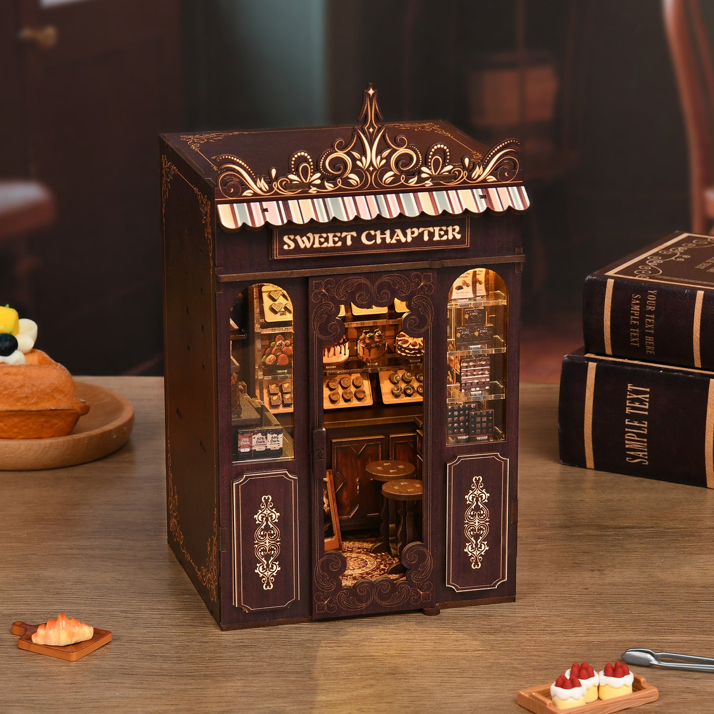 TJWFUNFUN DIY Miniature House – Sweet Chapter Book Nook Kit, 189 PCS, difficulty: ★★★, Dessert & Coffee Shop Scene with LED Light, Creative Craft for Teens & Adults