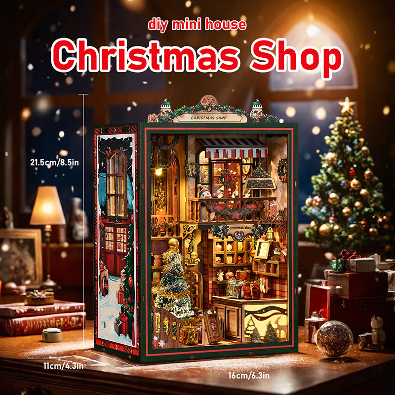 TJWFUNFUN DIY Miniature House – Christmas Shop Book Nook Kit, 264 PCS, Difficulty: ★★★★, Touch Light & Musical Movement, Creative Holiday Craft for Teens & Adults