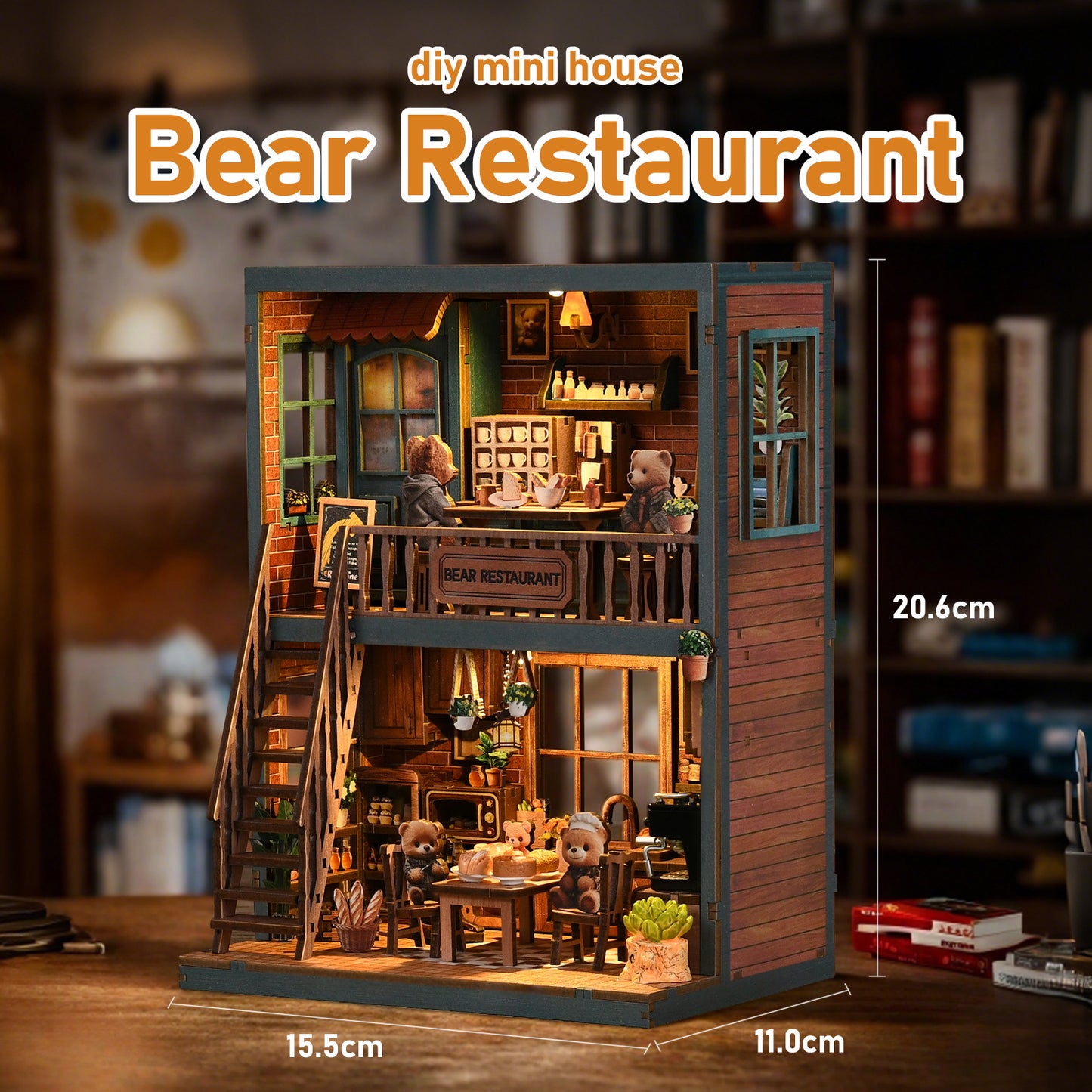Tiny Havens Collection – DIY Mini House “Bear Restaurant” | 264 PCS Wooden Dollhouse Kit with LED Touch Light | Difficulty:★★★ | Age 14+
