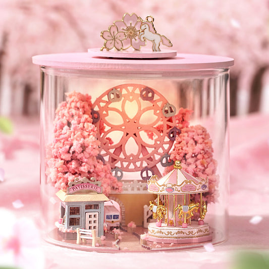 TJWFUNFUN Sakura Scenery – DIY Dream Bottle Miniature Kit | Cherry Blossom Park Scene with Carousel & LED Light | Handcrafted Glass Jar Model for Romantic Dreamers