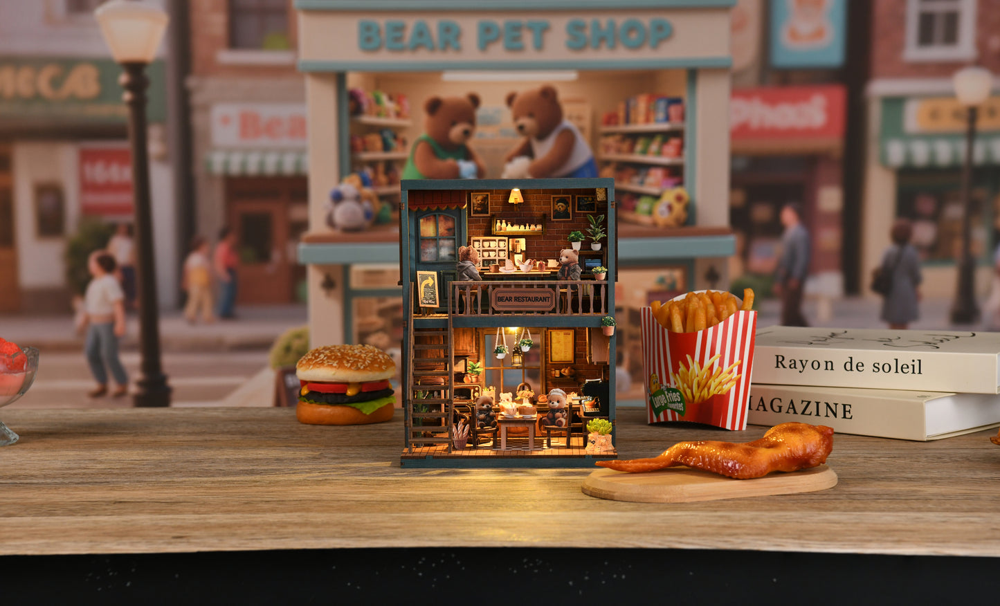 Tiny Havens Collection – DIY Mini House “Bear Restaurant” | 264 PCS Wooden Dollhouse Kit with LED Touch Light | Difficulty:★★★ | Age 14+
