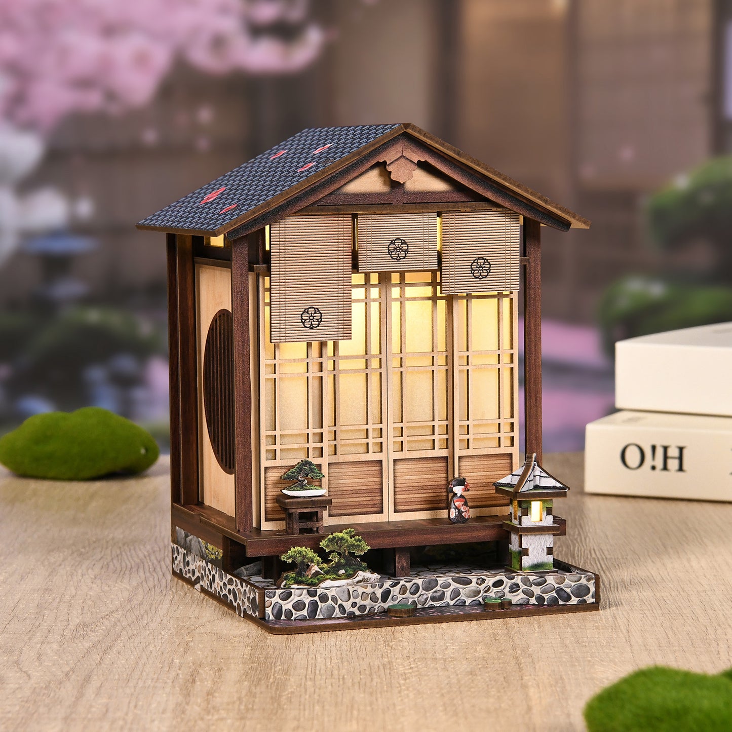 TJWFUNFUN DIY Book Nook Kit – Moss Lantern Harmony Garden, Japanese-Style Miniature Dollhouse with LED Light, Wooden Puzzle Craft Gift for Adults ★★ Difficulty, 14+