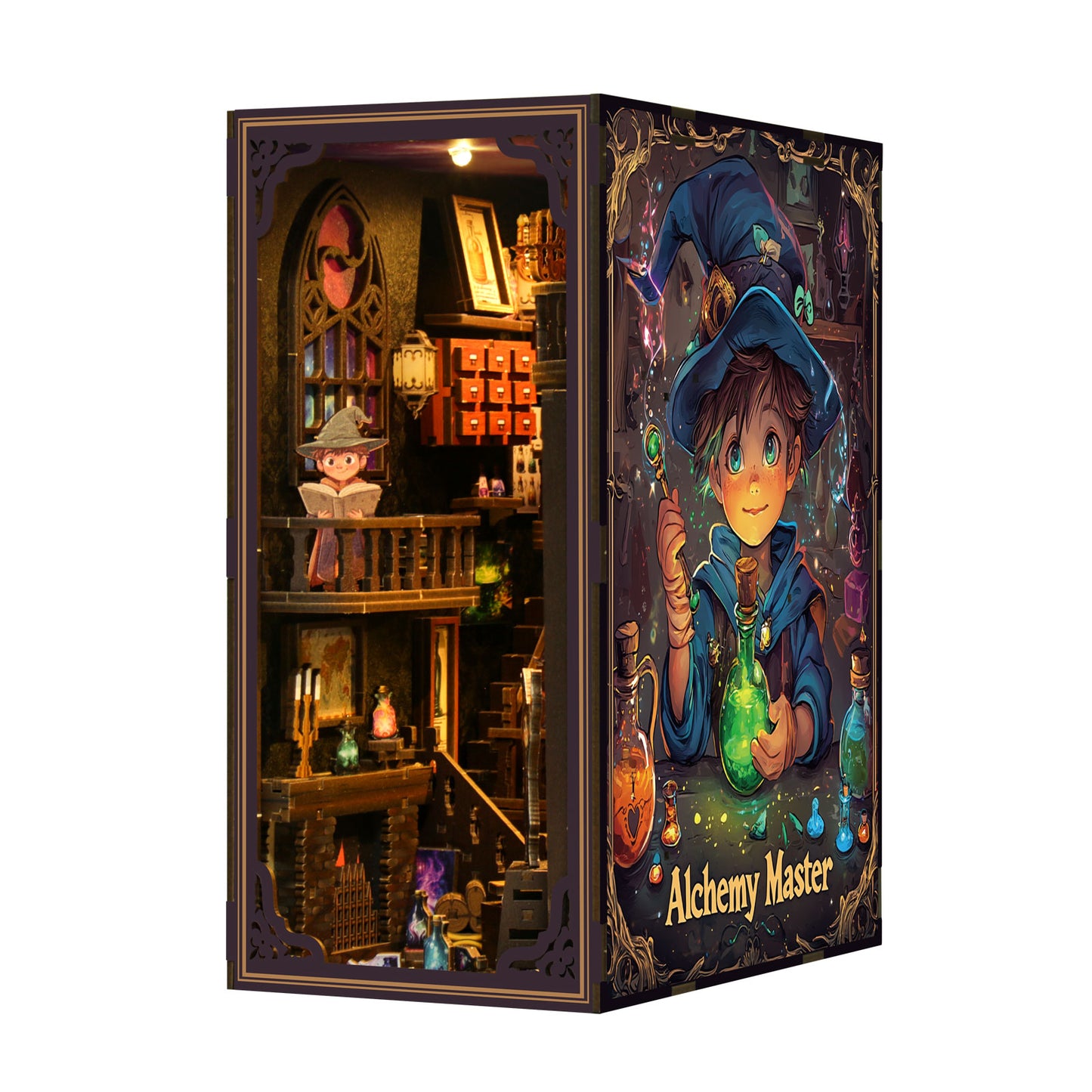 TJWFUNFUN DIY Book Nook Kit – Dark Box Mystery Case Alchemy Master | Difficulty: ★★★★☆ | 396 Pieces | 8–10 Hours Assembly | 3D Wooden Puzzle Miniature Model with LED Lights for Bookshelf Decoration
