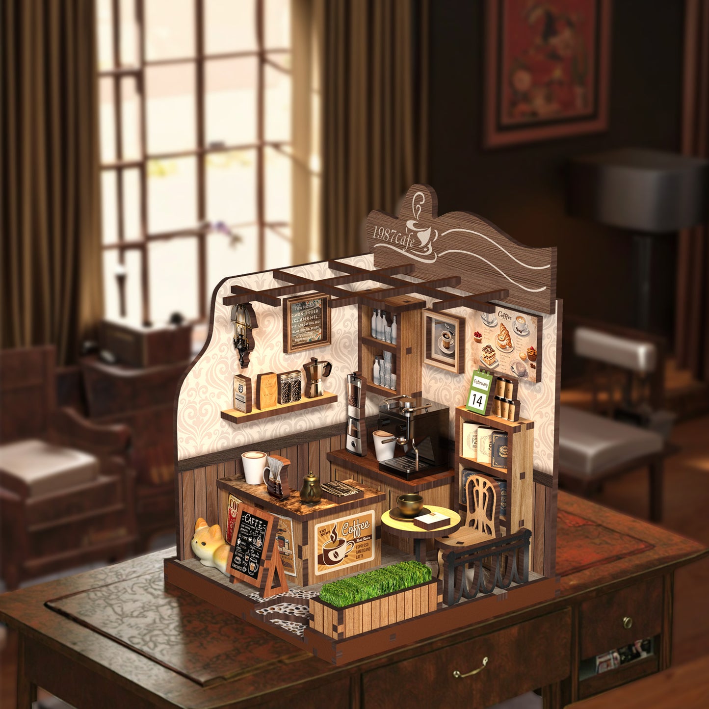 TJWFUNFUN DIY Miniature House – Country Café Book Nook, 70 PCS Assembly Kit ★ Difficulty, Wooden Coffee Shop Model for Adults & Kids