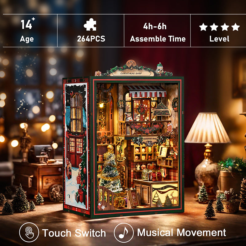 TJWFUNFUN DIY Miniature House – Christmas Shop Book Nook Kit, 264 PCS, Difficulty: ★★★★, Touch Light & Musical Movement, Creative Holiday Craft for Teens & Adults