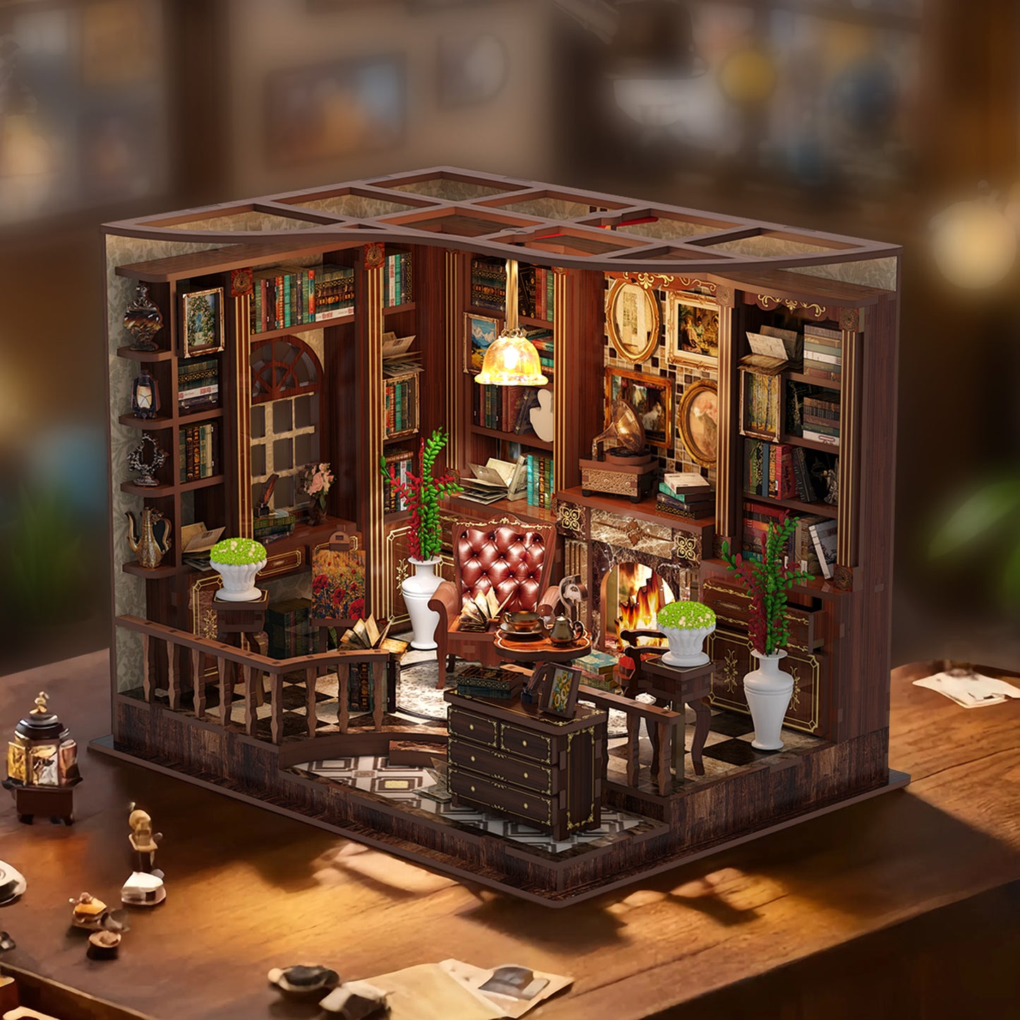 TJWFUNFUN Tiny Havens Collection – Left Bank Studyroom DIY Mini House with LED Light, 248 PCS, Difficulty ★★★
