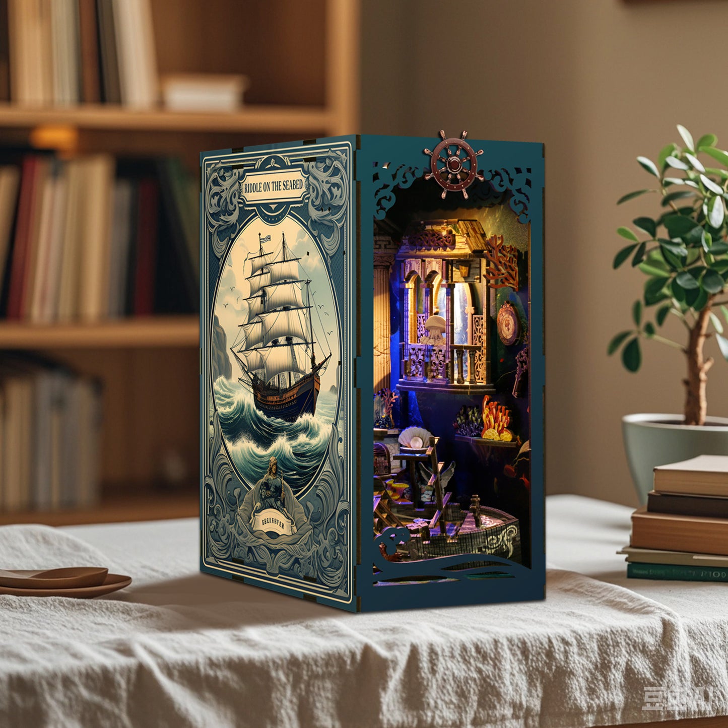 TJWFUNFUN DIY Book Nook Kit – Dark Box Mystery Case Riddle on the Seabed | Difficulty: ★★★☆ | 216 Pieces | 6–8 Hours Assembly | 3D Wooden Puzzle Miniature with LED Lights for Bookshelf Decoration