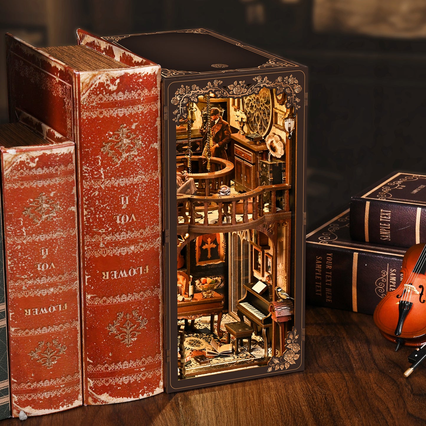 TJWFUNFUN DIY Book Nook Kit – Dark Box Mystery Case Enchanted Forest Library | Difficulty: ★★★★ | 270 Pieces | 6–8 Hours Assembly | 3D Wooden Puzzle Miniature Model with LED Lights & Music for Bookshelf Decoration