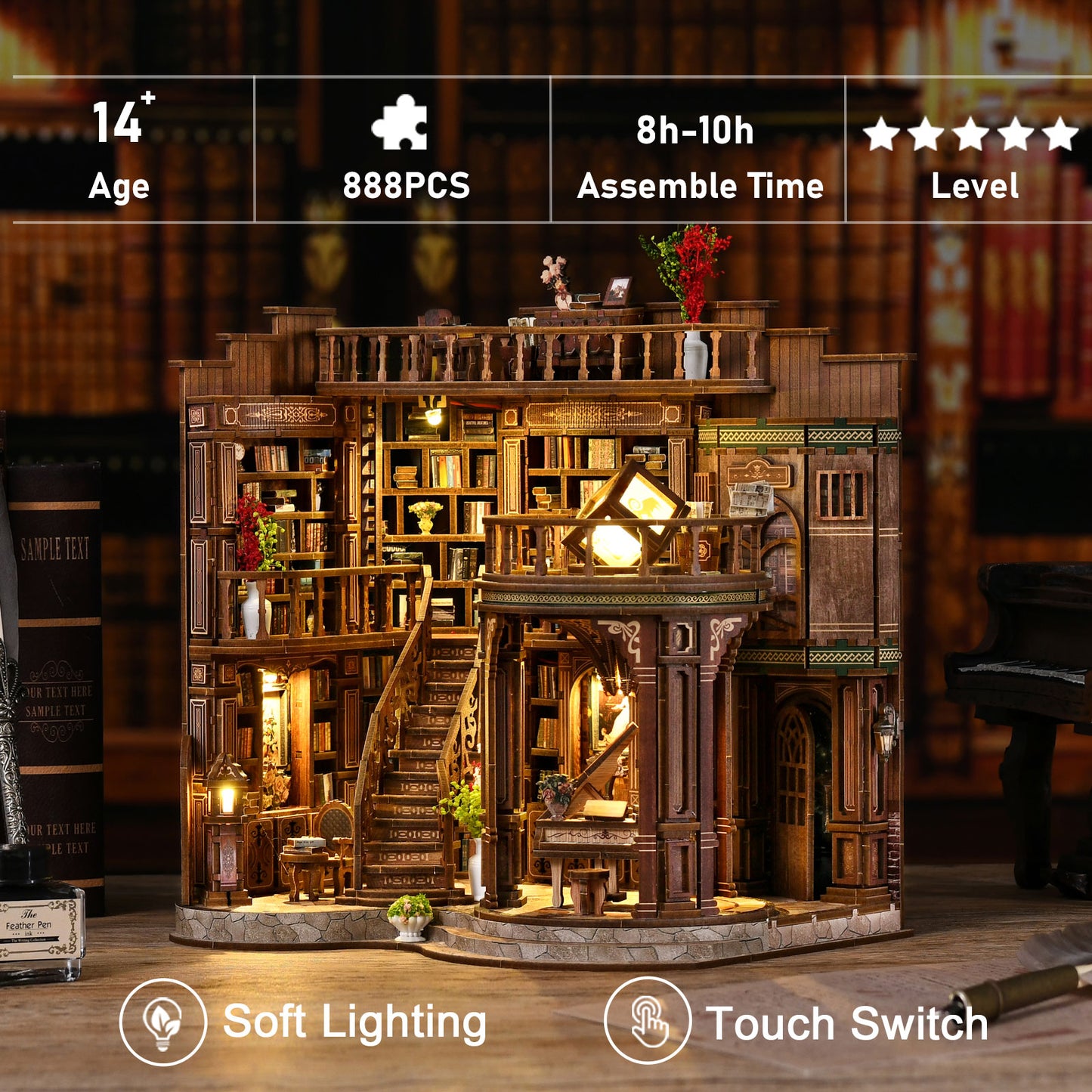 TJWFUNFUN Tiny Havens Collection – Dreamy Book Hall DIY Mini House with LED Light, 888 PCS, Difficulty ★★★★★